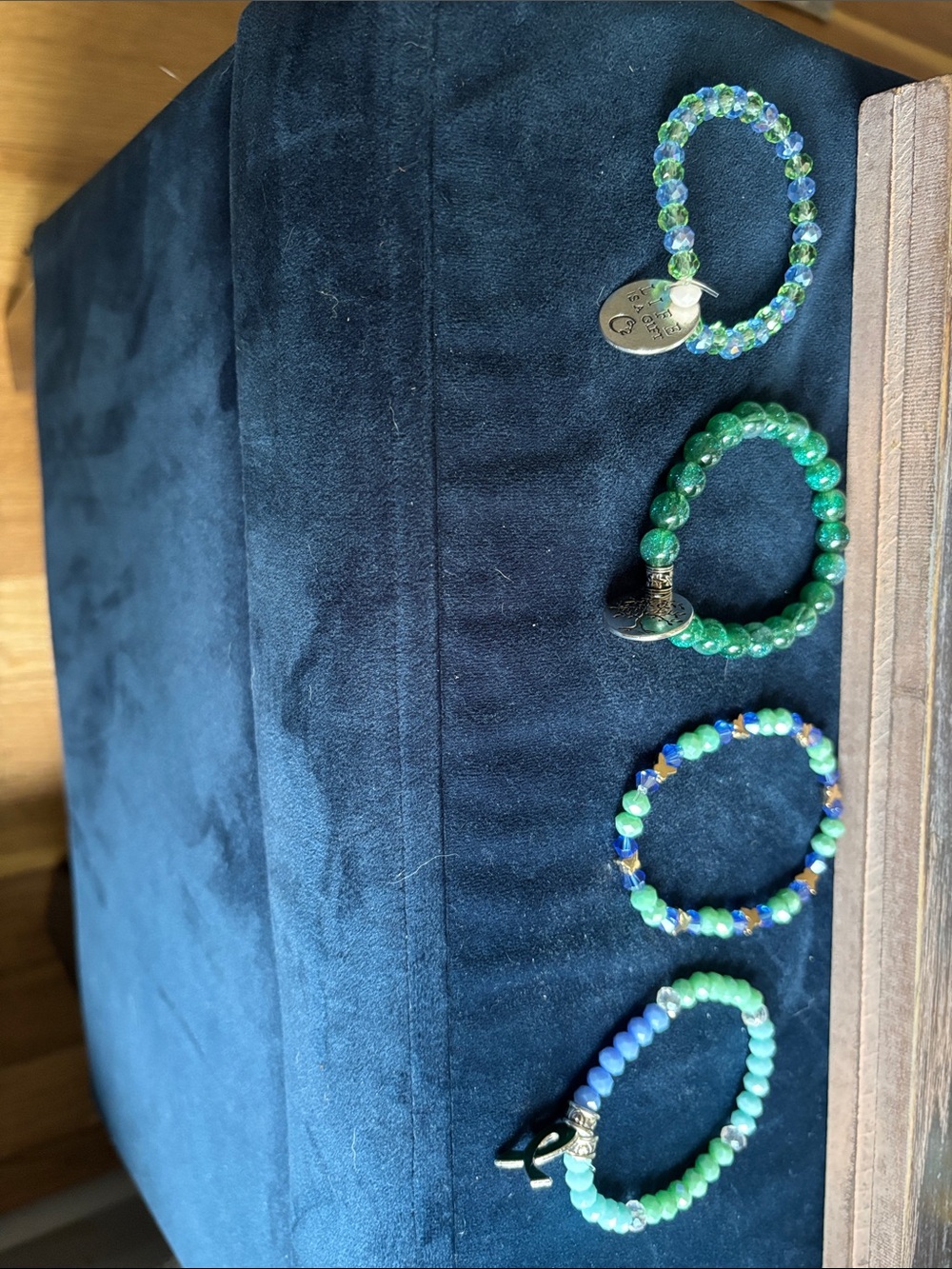Set of Four Beaded Stretch Bracelets in Green and Blue Tones